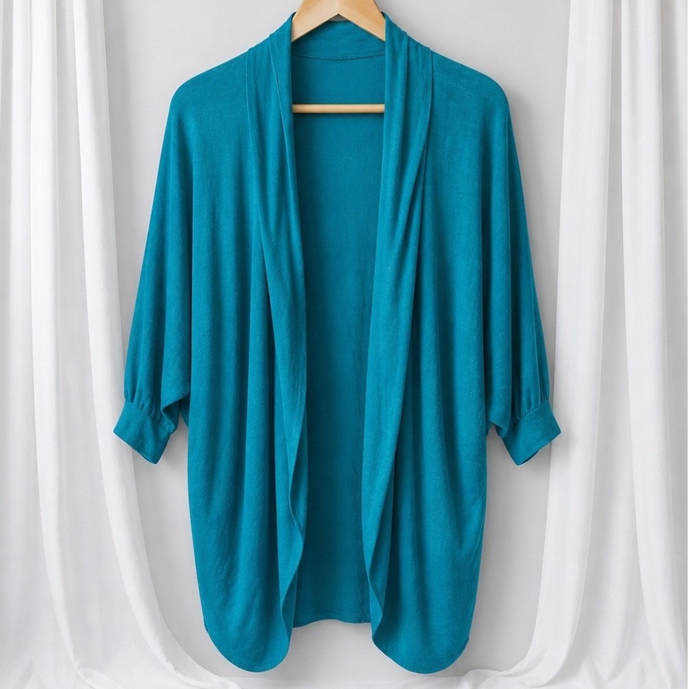 Womens Teal Open Front Cardigan M Draped Lightweight Boho Dolman Sleeve